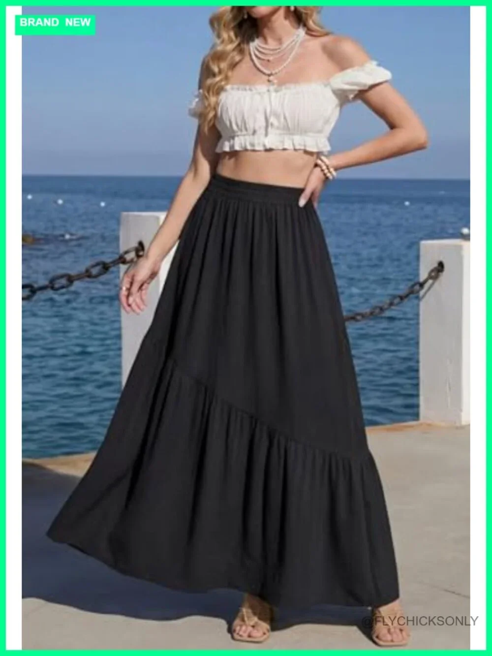 Flowy High Waist Pleated Tiered A-Line Maxi Skirt with Pockets